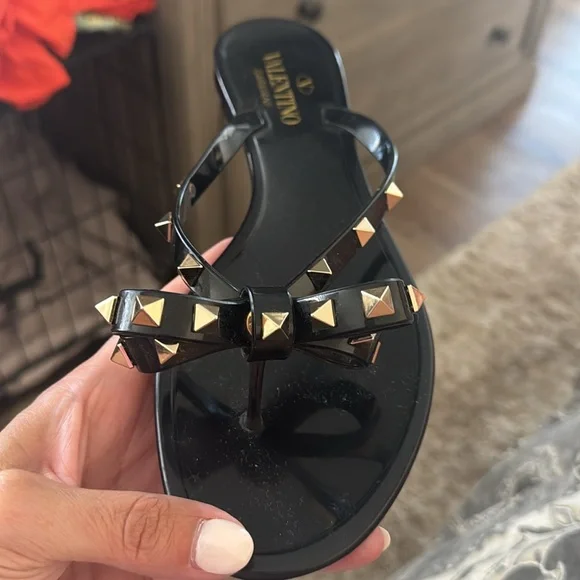 Valentino Black and Gold Studded Sandals - Picture 6 of 8